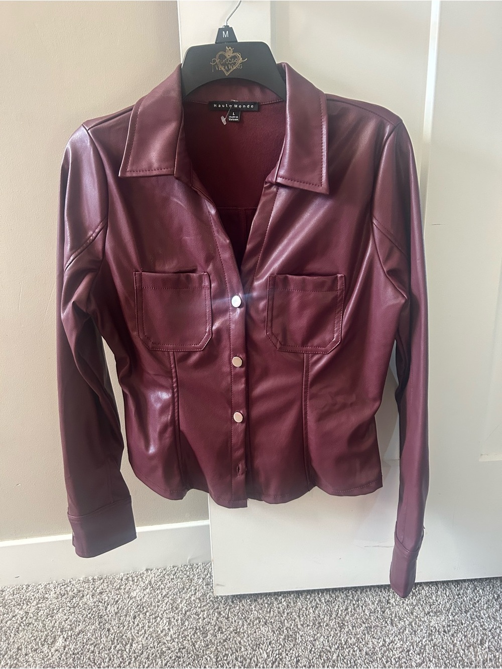 Haute Monde Women's Faux Leather Snap-Front Jacket in Burgundy